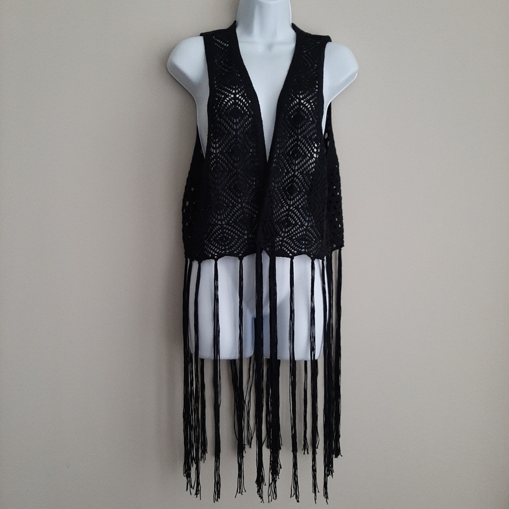 Boho Black Fringed Open Sleeveless Lightweight Cardigan Size Medium